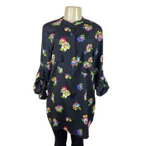 Eclair Black Floral Long Sleeve Tunic Blouse With Button Accents